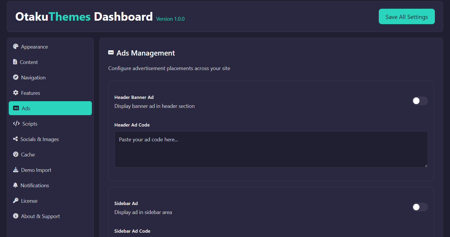 OtakuThemes Dashboard — Ads Tab