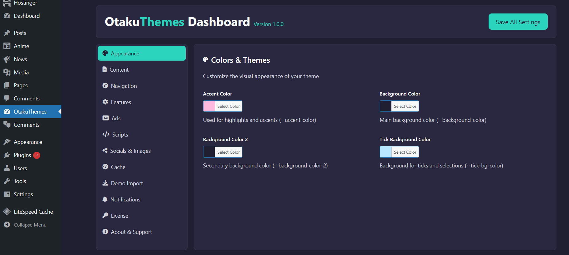 OtakuThemes Dashboard — Appearance Tab