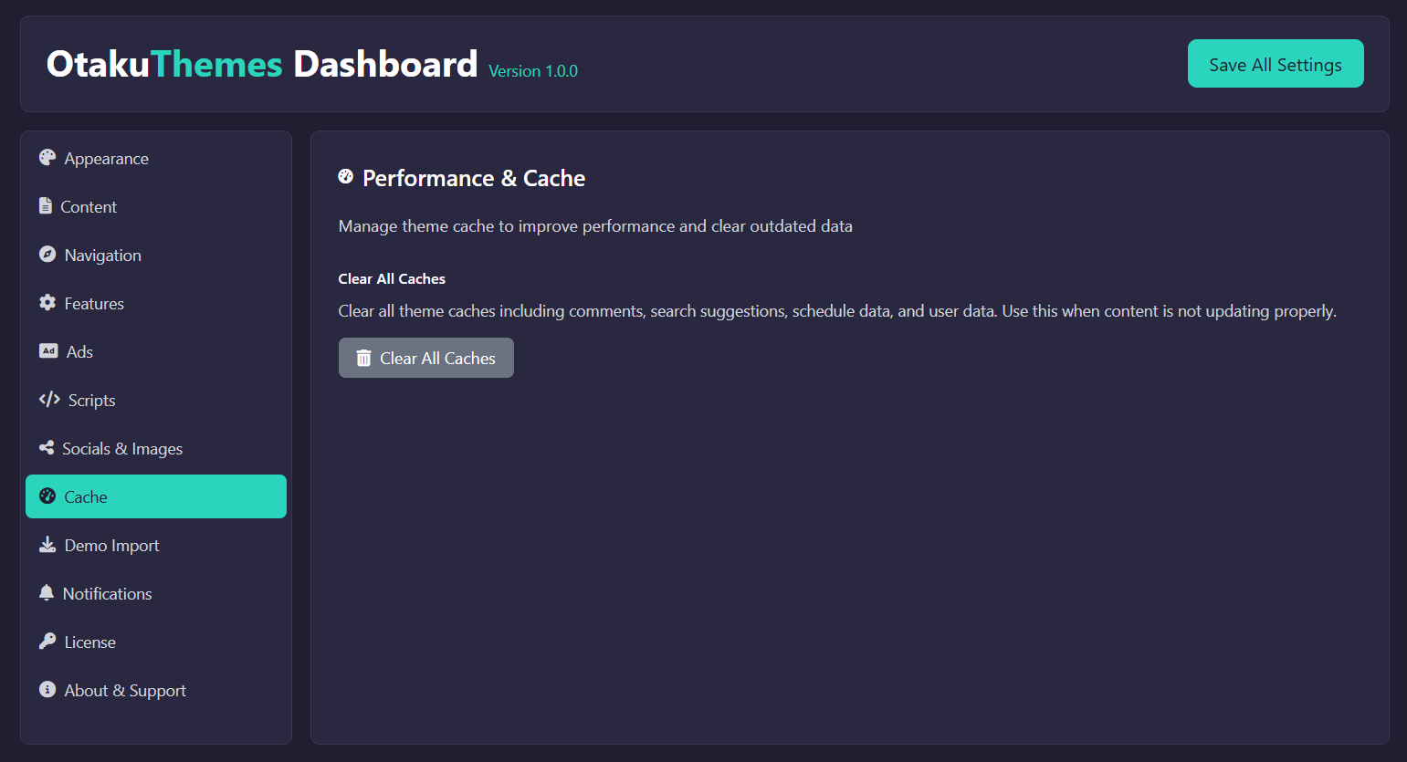 OtakuThemes Dashboard — Cache Tab
