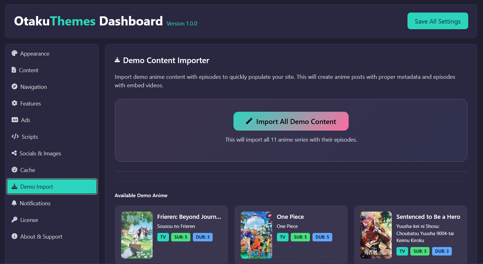 OtakuThemes Dashboard — Demo Import Tab