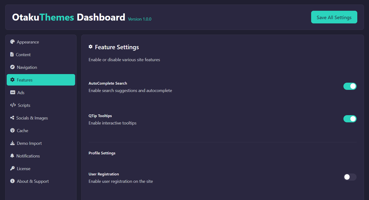 OtakuThemes Dashboard — Features (Page 1)
