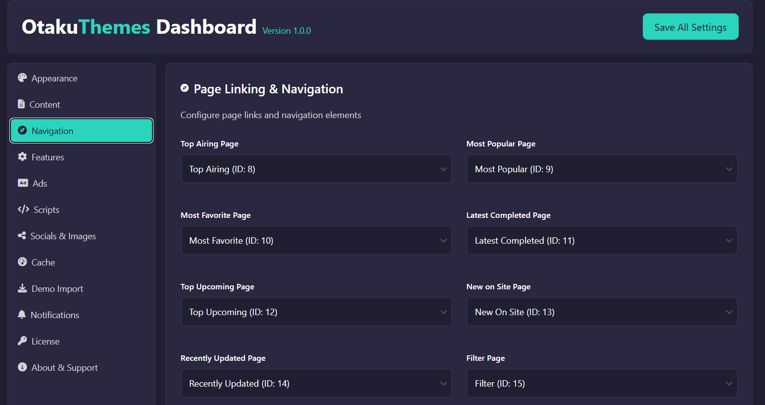 OtakuThemes Dashboard — Navigation Tab