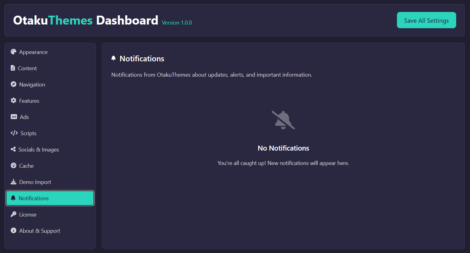 OtakuThemes Dashboard — Notifications Tab