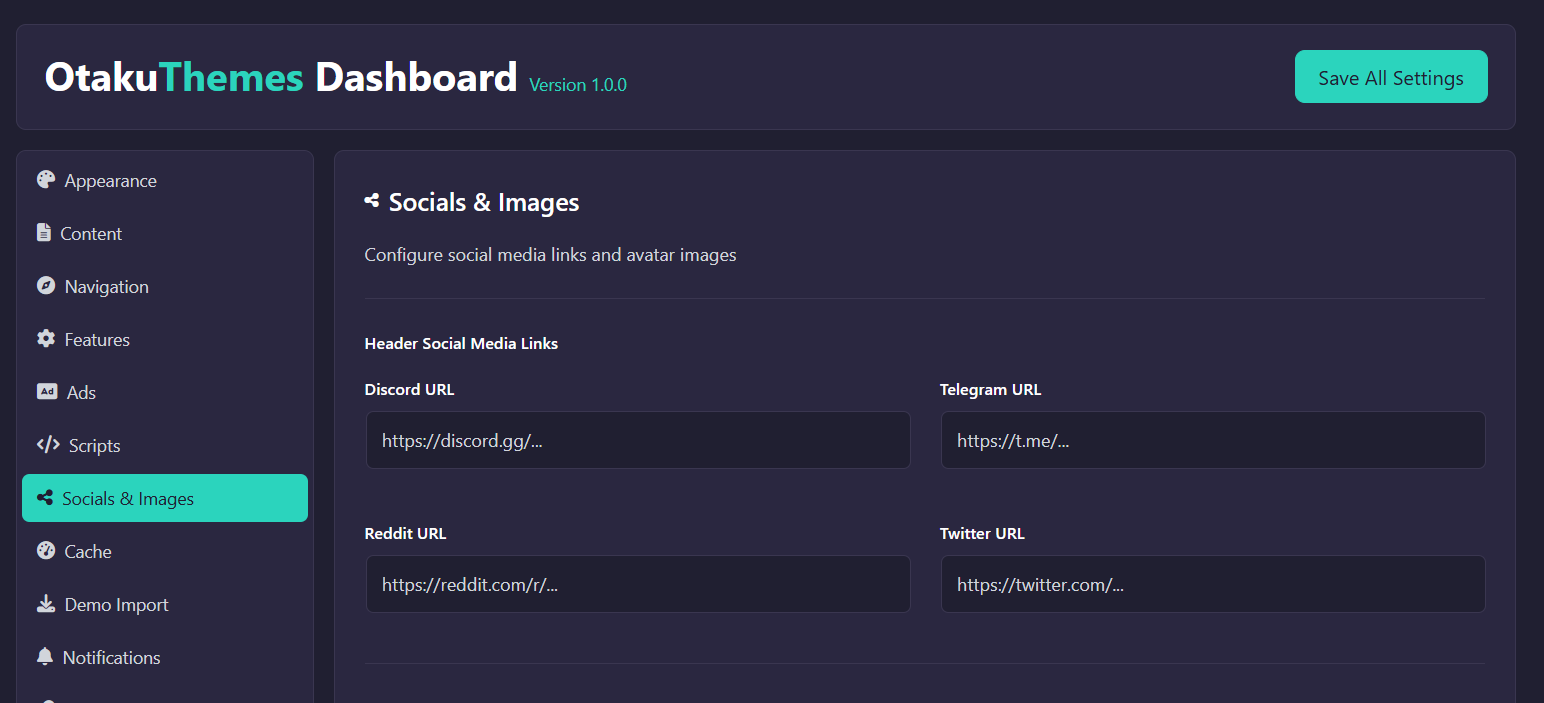 OtakuThemes Dashboard — Socials & Images (Page 1)