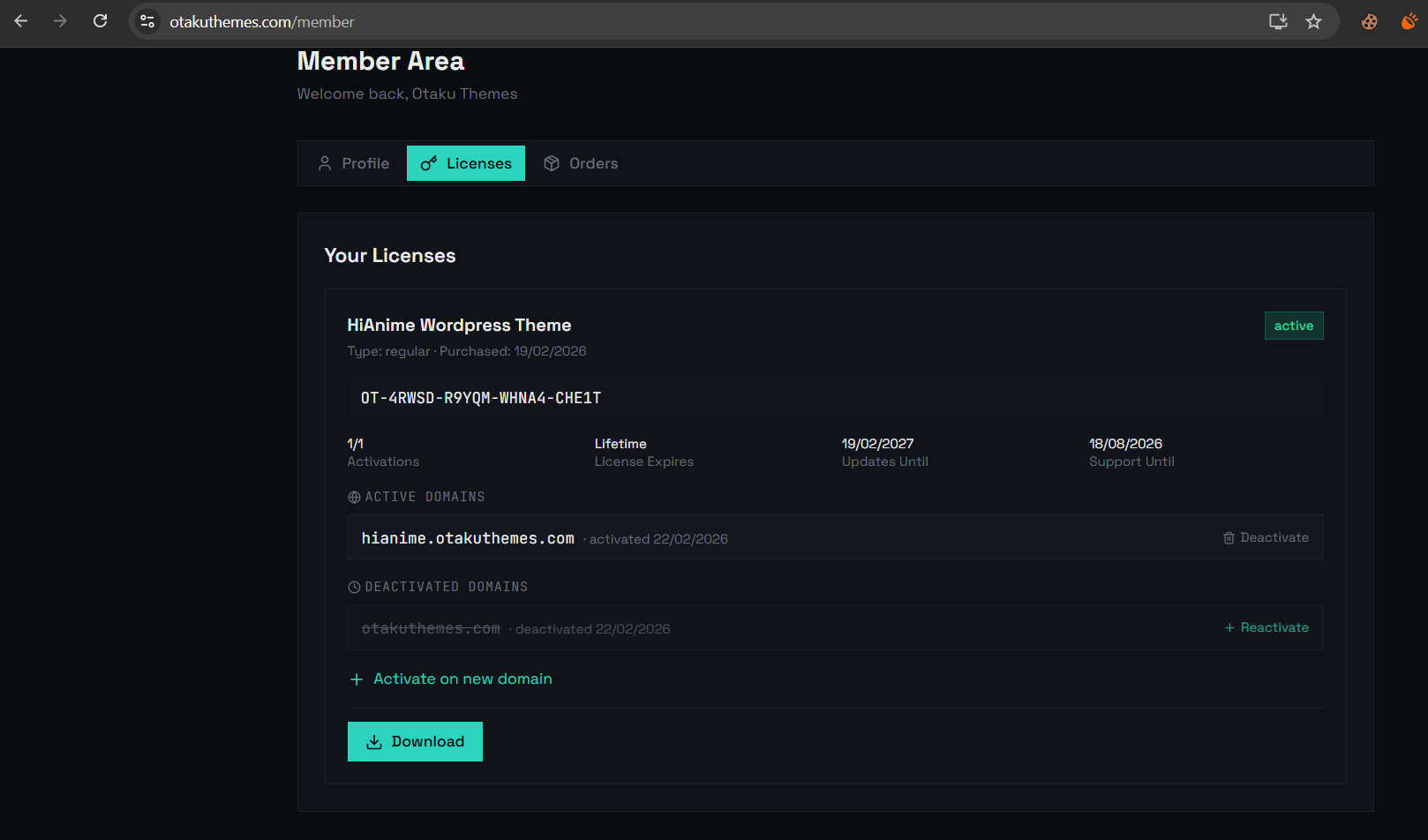 Member Area — Licenses List