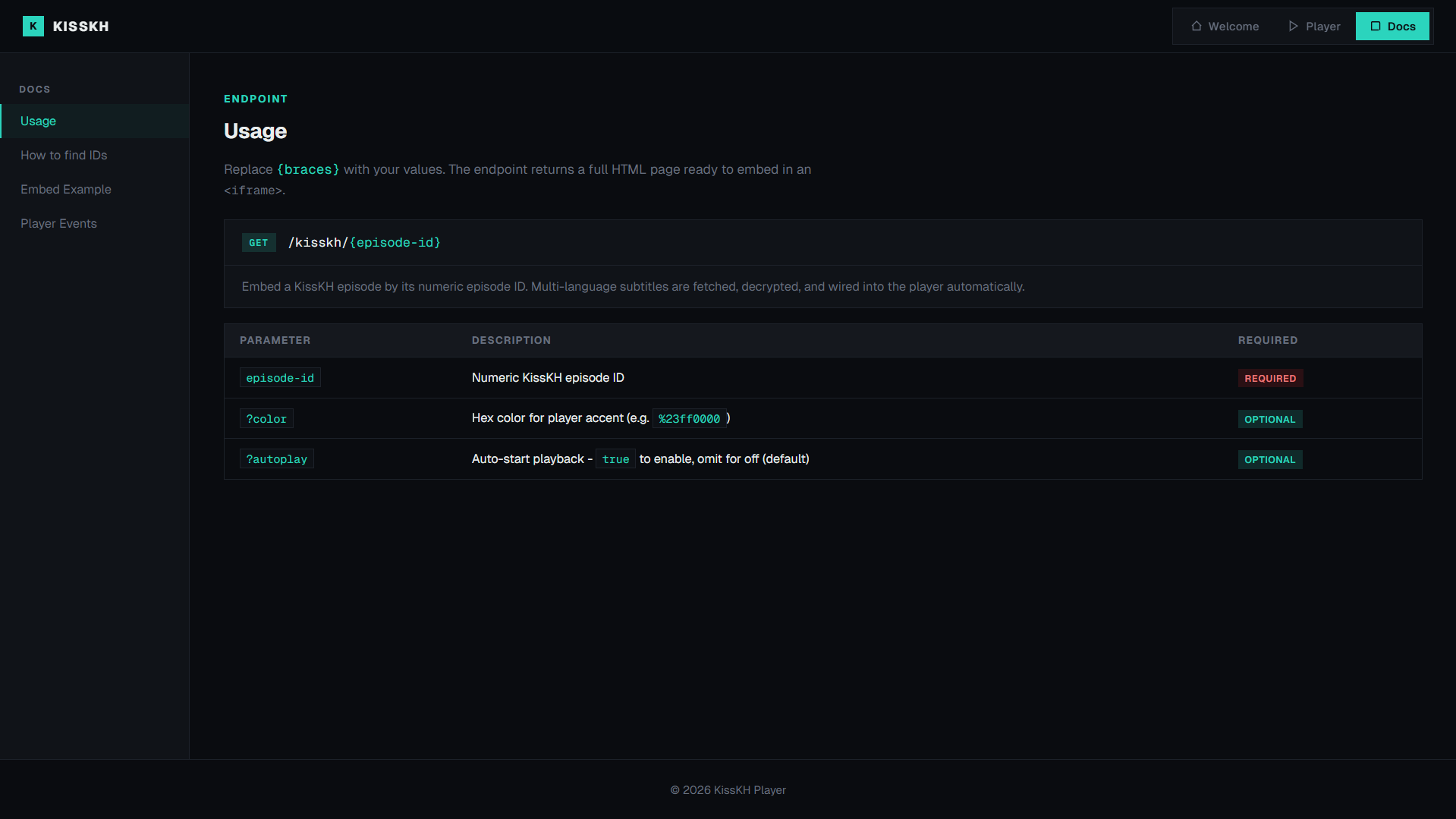 KissKH Player Docs